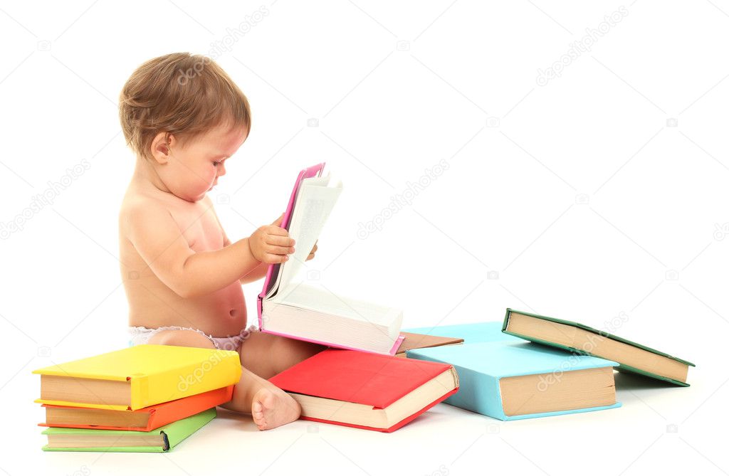 Cute baby with books isolated on white