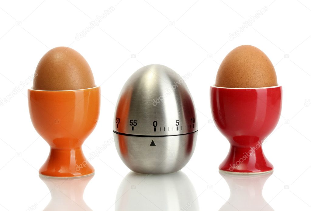 Egg timer and egg in color stand isolated on white