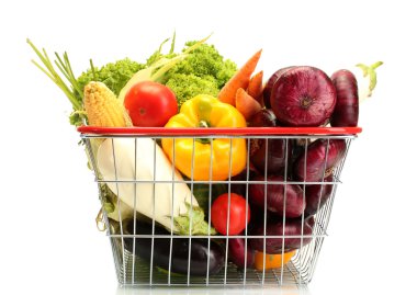 Fresh vegetables in metal basket isolated on white clipart