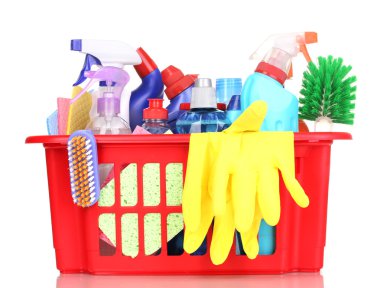 Cleaning items in plastic basket isolated on white clipart