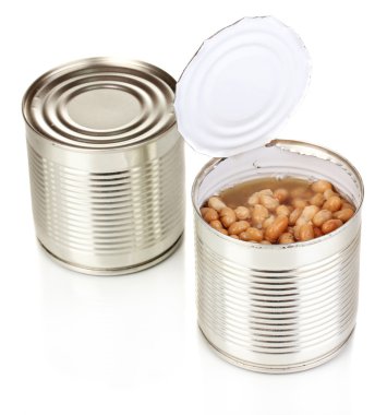 Open tin can of beans and closed can isolated on white clipart