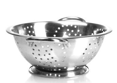 Empty silver colander isolated on white clipart