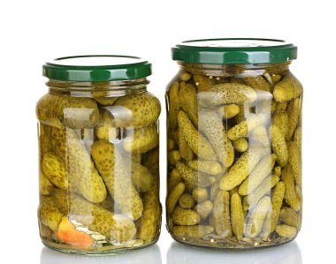 Jars of canned cucumbers isolated on white clipart