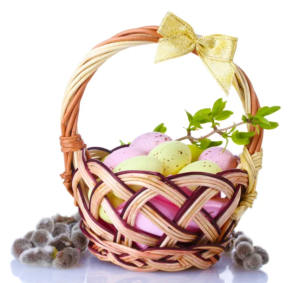 Basket with Easter eggs and pussy-willow twigs isolated on white — Stok fotoğraf