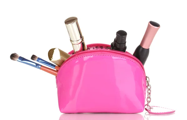 Make up bag con cosmetici e pennelli isolati su bianco — Foto Stock