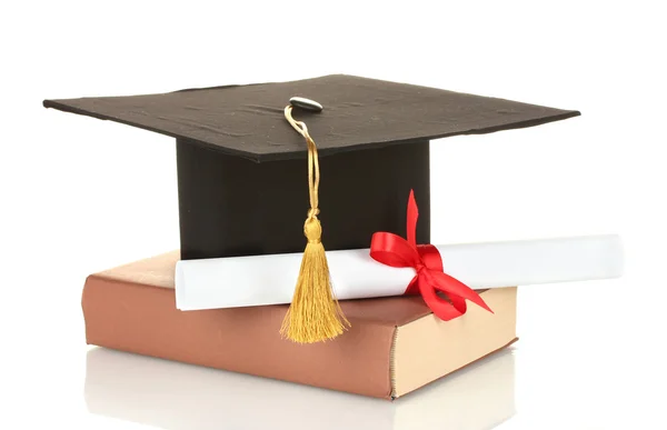 Grad hat and diploma with book isolated on white — Stock Photo, Image