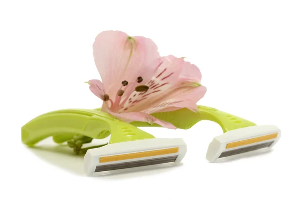 Woman safety shavers and flower isolated on white — Stock Photo, Image