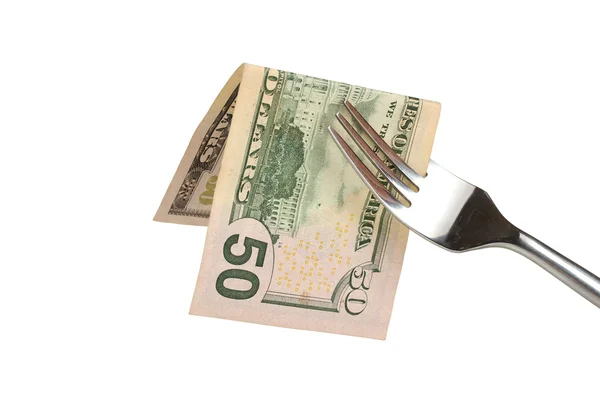 Banconote su una forchetta su sfondo bianco primo piano — Foto Stock