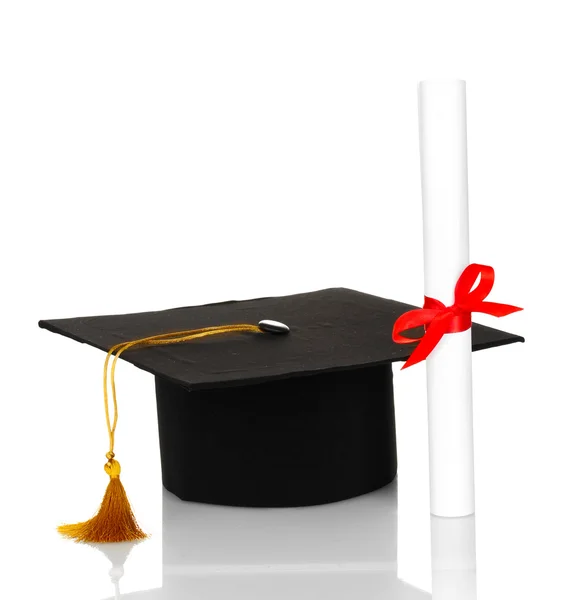 Sombrero de grado y diploma aislado en blanco —  Fotos de Stock
