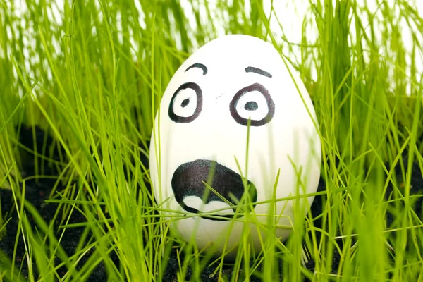 Белое яйцо со смешным лицом в зеленой траве — стоковое фото