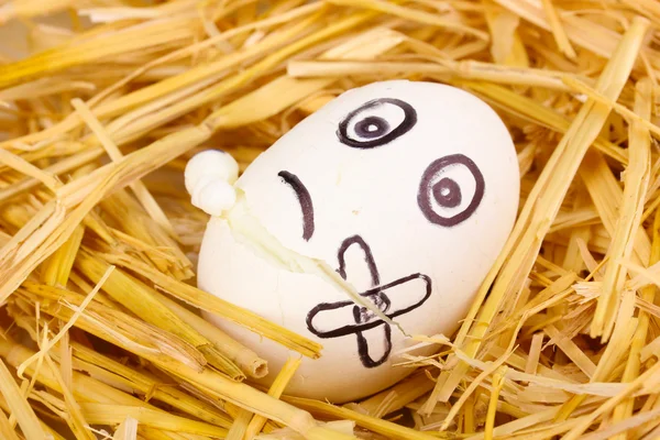 Белое яйцо со смешным лицом в соломе — стоковое фото
