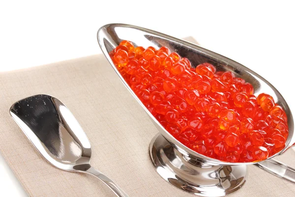Caviar vermelho em tigela de prata isolado em branco — Fotografia de Stock