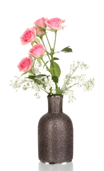 ピンクのバラは白で隔離される花瓶 — ストック写真