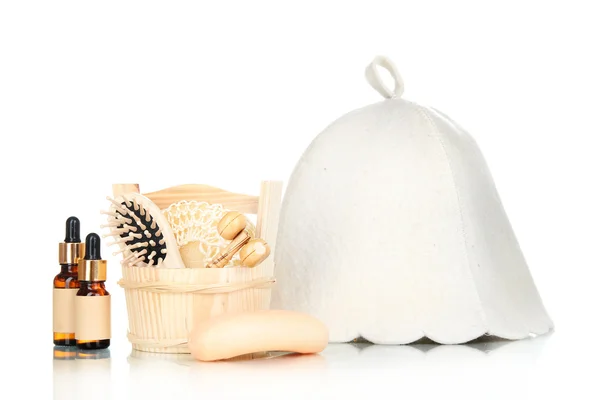 Sauna hat and bathroom set isolated on white — Stock Photo, Image