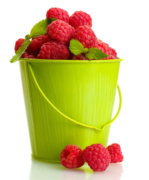 Ripe raspberries with mint in bucket, isolated on white — Stock Photo, Image