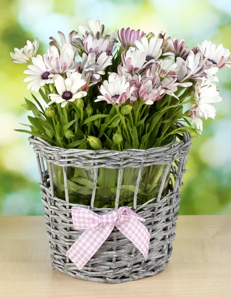 Bukiet piękne letnie kwiaty w wazon Wiklinowy, na zielonym tle — Zdjęcie stockowe