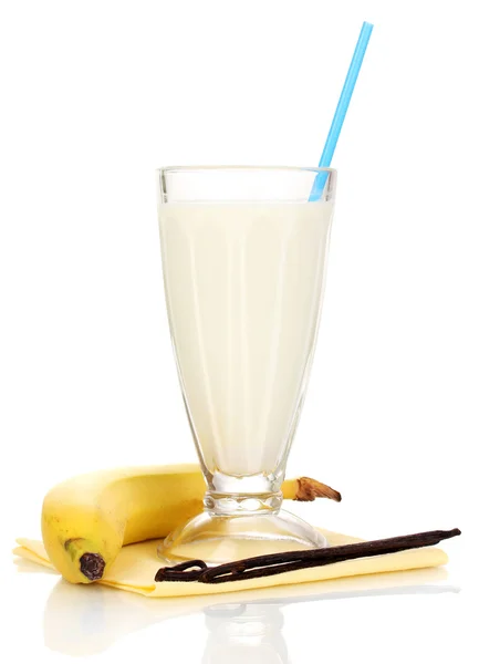 Banaani maito pirtelö eristetty valkoinen — kuvapankkivalokuva