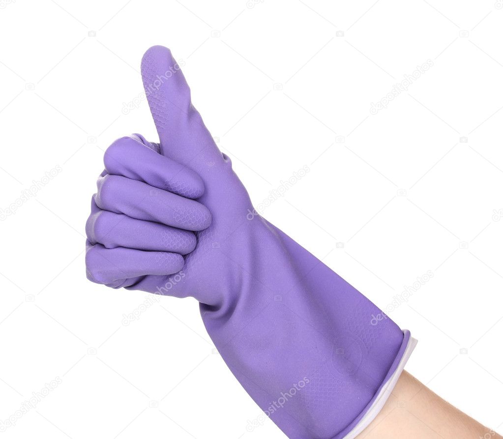 Hand in color cleaning glove isolated on white