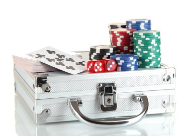 Poker set on a metallic case isolated on white background clipart