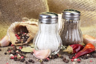Salt and pepper mills and spices on burlap background clipart