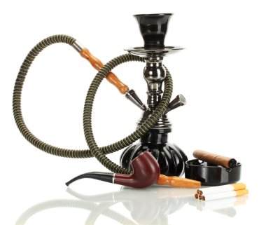 Smoking tools - a hookah, cigar, cigarette and pipe isolated on white background clipart