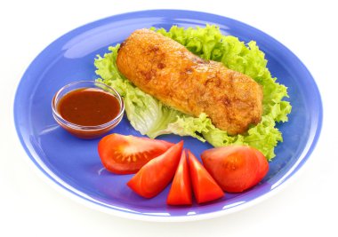 Tasty meat cutlet with garnish on plate isolated on white