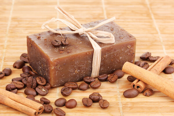 Hand-made soap on wooden mat