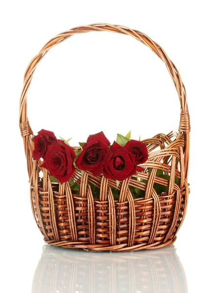 Basket with roses isolated on white background close-up — Stock Photo, Image