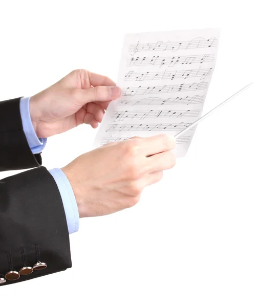Manos de director de música con bastón y notas aisladas en blanco —  Fotos de Stock