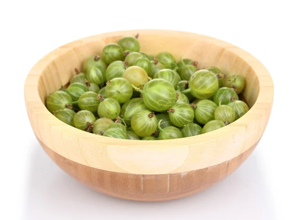Green gooseberry in wooden bowl isolated on white — Stock Photo, Image