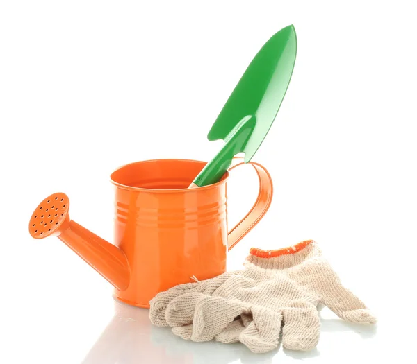 Gardening trowel, watering can and gloves isolated on white — Stock Photo, Image