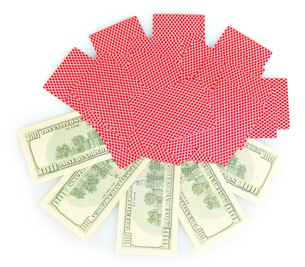 ドルと白で隔離されるトランプのデッキ — ストック写真