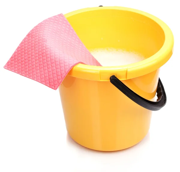 Bucket and cloth for cleaning isolated on white — Stock Photo, Image