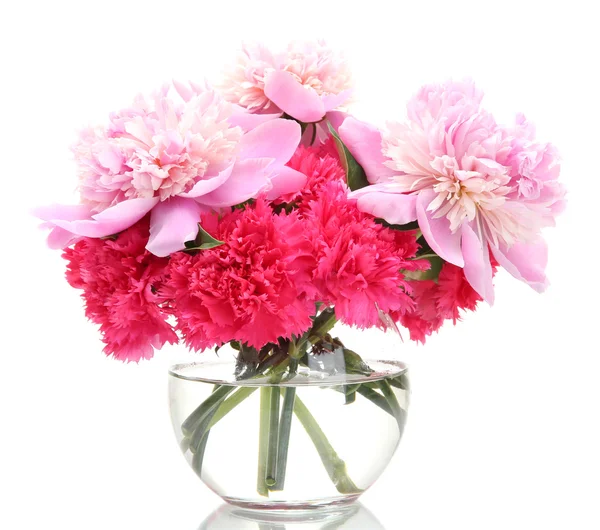 stock image Bouquet of carnations and peonies in glass vase isolated on white