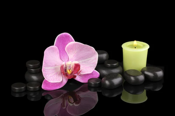 Orkide çiçek ve mum üzerine siyah izole Spa taşlarla — Stok fotoğraf