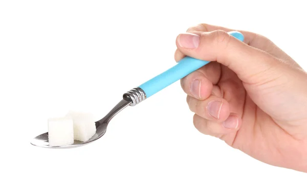 Azúcar blanco en cuchara metálica aislada sobre blanco —  Fotos de Stock