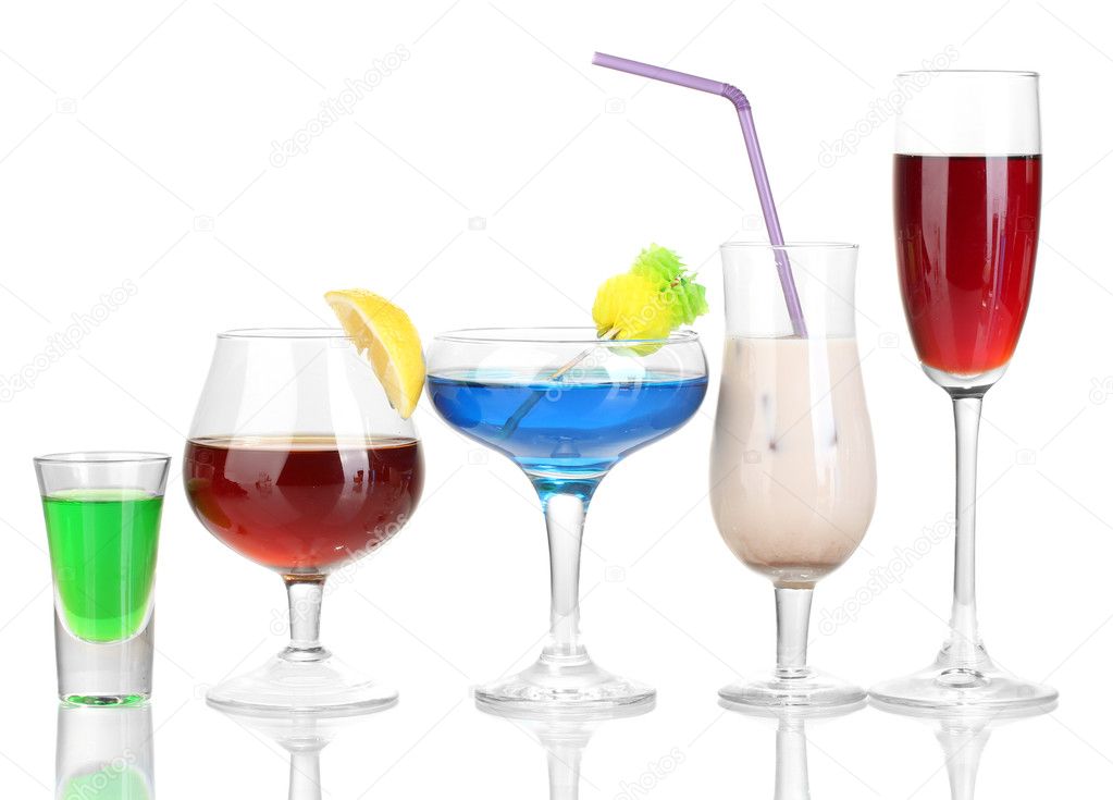 A variety of alcoholic drinks isolated on white
