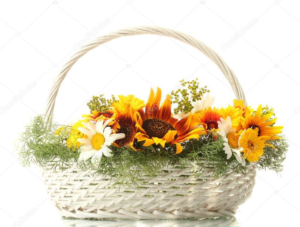Beautiful bouquet of bright wildflowers in basket, isolated on white