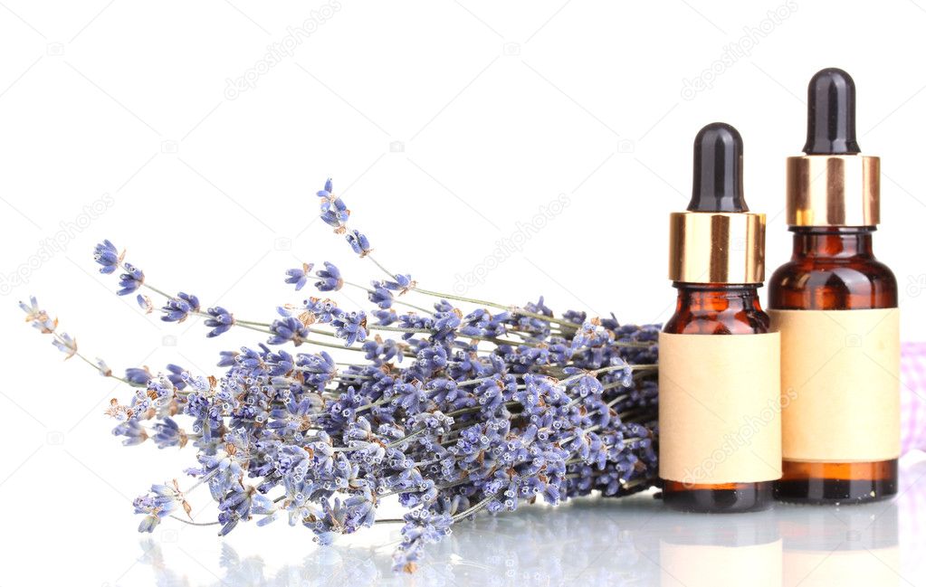 Lavender flowers and aroma oils isolated on white