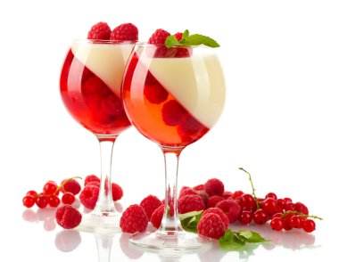 Fruit jelly with raspberries in glasses isolated on white clipart