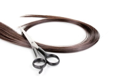 Shiny brown hair and hair cutting shears isolated on white clipart