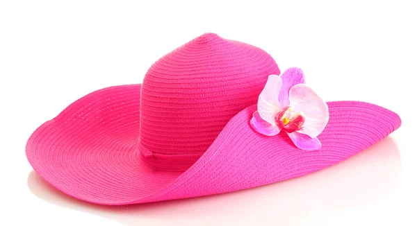 Hermoso sombrero de mujer de verano con flor aislada sobre fondo blanco —  Fotos de Stock