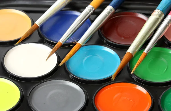 Watercolors with brushes, close up — Stock Photo, Image