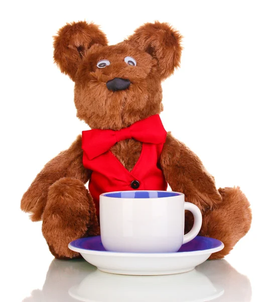 Toy bear and cup with saucer isolated on white — Stock Photo, Image