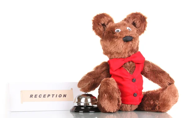 Urso de brinquedo e sino isolado em branco — Fotografia de Stock
