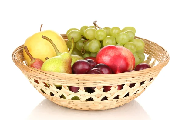 Mix of ripe sweet fruits and berries in basket isolated on white — Stock Photo, Image