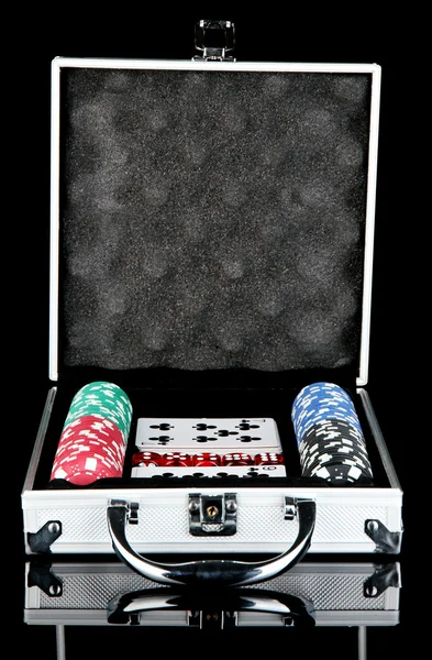 Poker set in metallic case isolated on black background — Stock Photo, Image