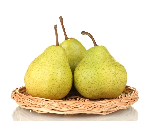 Ripe pears on a wicker mat isolated on white — Stock Photo, Image
