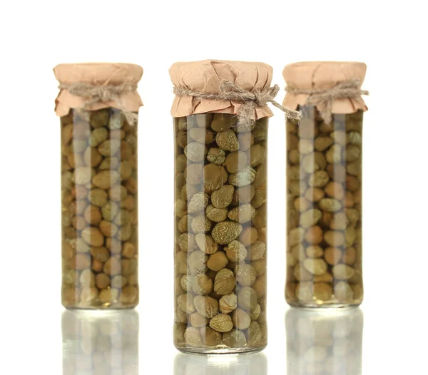 Glass jar with tinned capers isolated on white — Stock Photo, Image