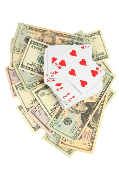 Dólares e um baralho de cartas isoladas em branco — Fotografia de Stock
